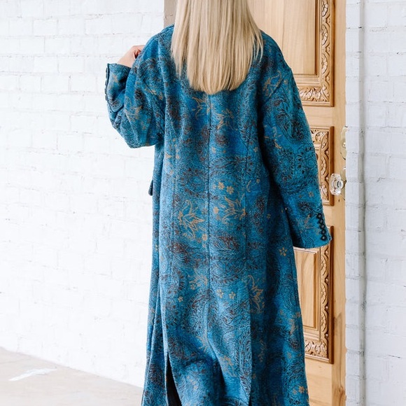 Free People Large Teal and Gold Long Coat - Picture 4 of 10
